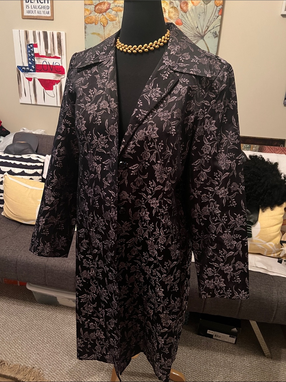 Black Floral Vintage, Long Coat Jacket by Notations